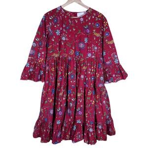 La DoubleJ Womens Bambi Dress Red Floral Print 40 Midi Long Sleeve Boho Chic Fit